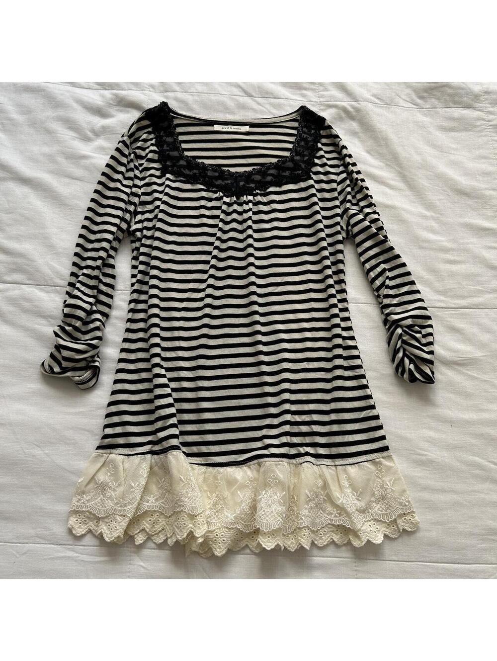 Axes Femme Black Cream Striped Tunic Lace Eyelet Hem Ruched Sleeve M Japan